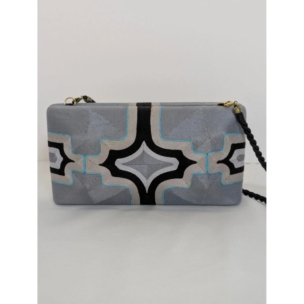 Beatriz Cheska Cross Clutch Embroidery Evening Bag Grey Black Geometric Handmade